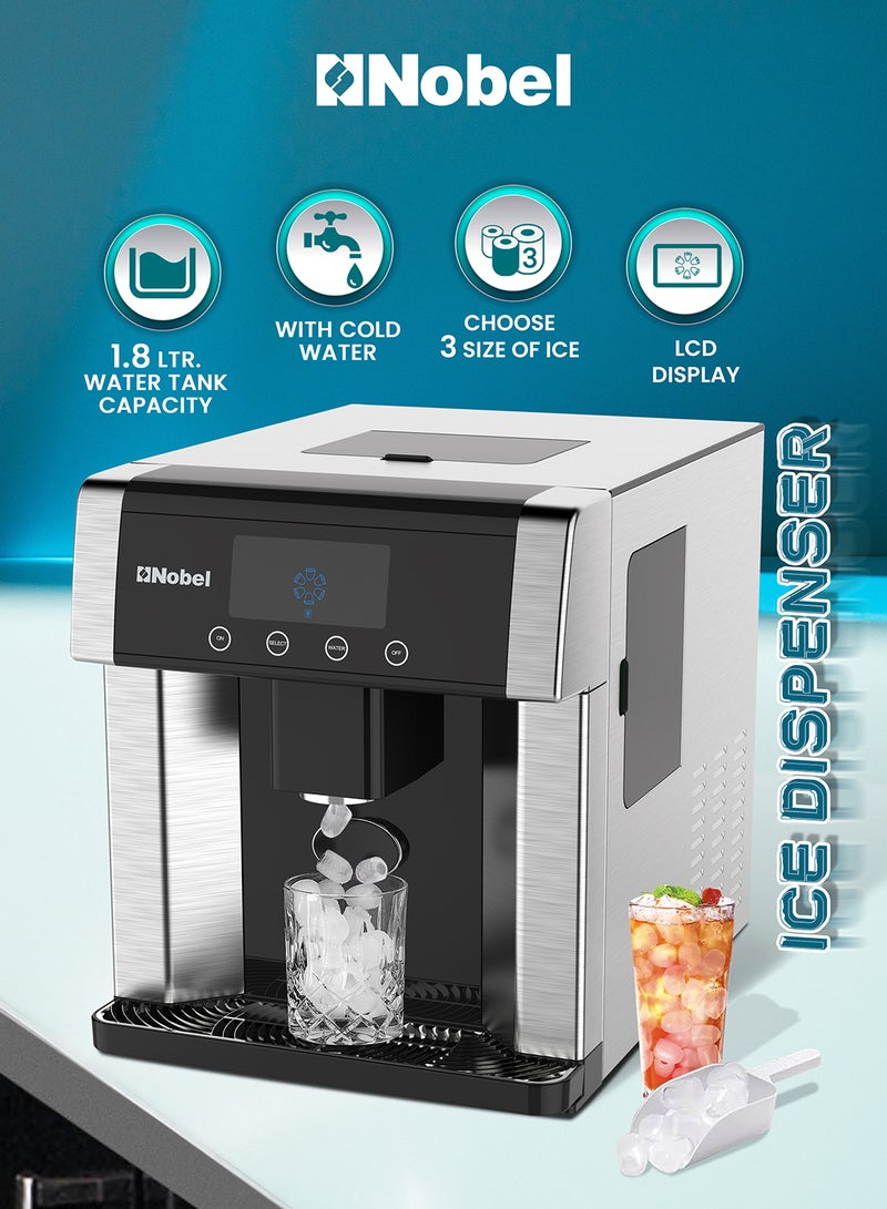 Nobel Ice Maker High-Capacity: 10-15 kg/24h Production, 600 g Ice Bin, 1.8 L Cold Water Tank, Automatic Dispensing, LCD Display, and Three Adjustable Ice Sizes for Ultimate Convenience 1.8 L 150 W NIM31 Silver - Image 1