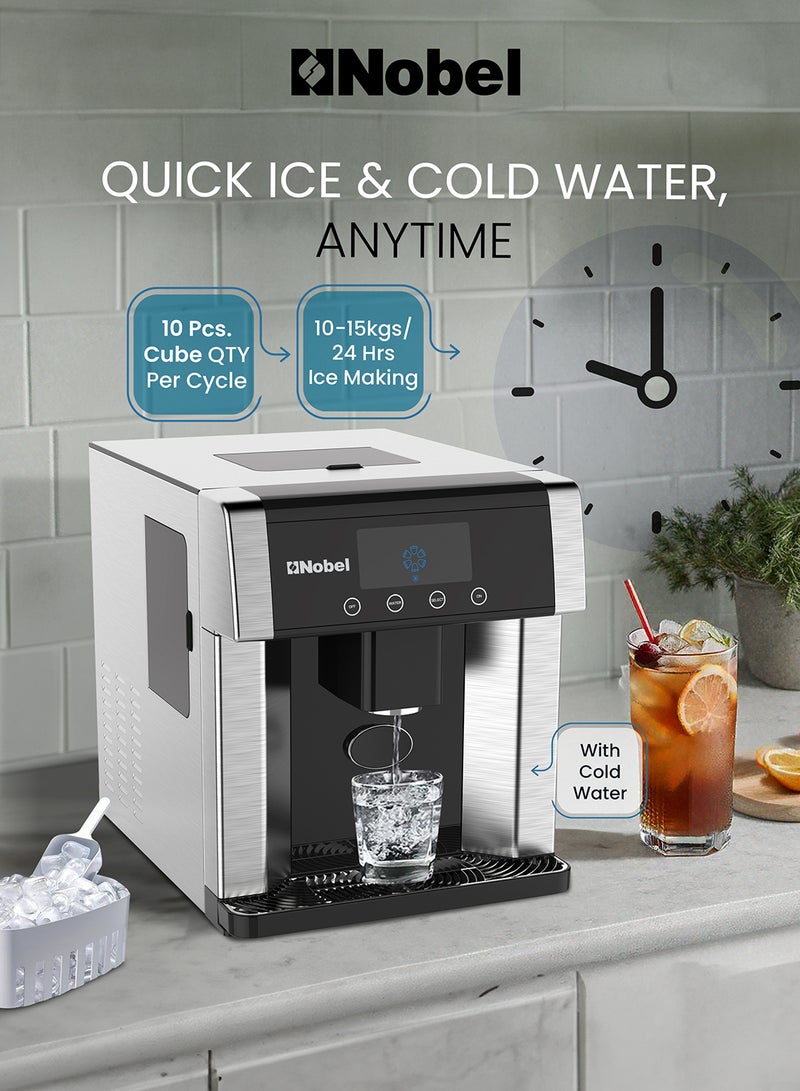Nobel Ice Maker High-Capacity: 10-15 kg/24h Production, 600 g Ice Bin, 1.8 L Cold Water Tank, Automatic Dispensing, LCD Display, and Three Adjustable Ice Sizes for Ultimate Convenience 1.8 L 150 W NIM31 Silver - Image 3