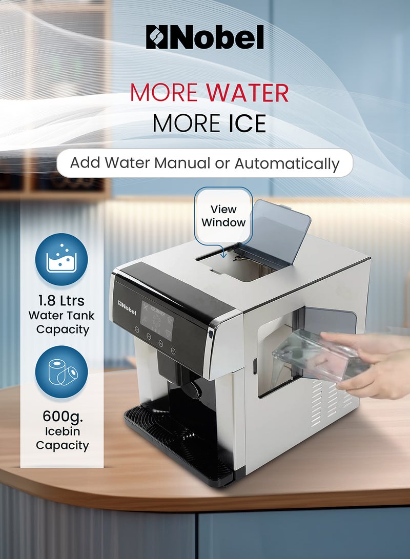 Nobel Ice Maker High-Capacity: 10-15 kg/24h Production, 600 g Ice Bin, 1.8 L Cold Water Tank, Automatic Dispensing, LCD Display, and Three Adjustable Ice Sizes for Ultimate Convenience 1.8 L 150 W NIM31 Silver - Image 2