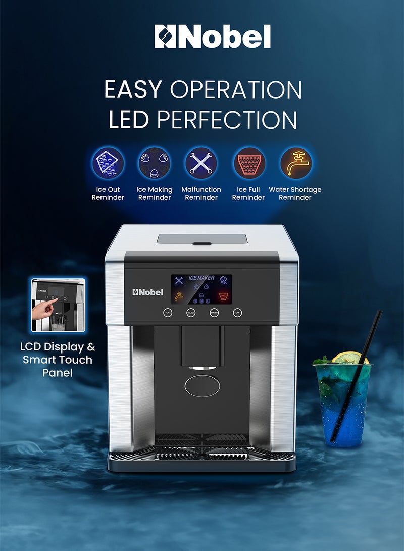 Nobel Ice Maker High-Capacity: 10-15 kg/24h Production, 600 g Ice Bin, 1.8 L Cold Water Tank, Automatic Dispensing, LCD Display, and Three Adjustable Ice Sizes for Ultimate Convenience 1.8 L 150 W NIM31 Silver - Image 4