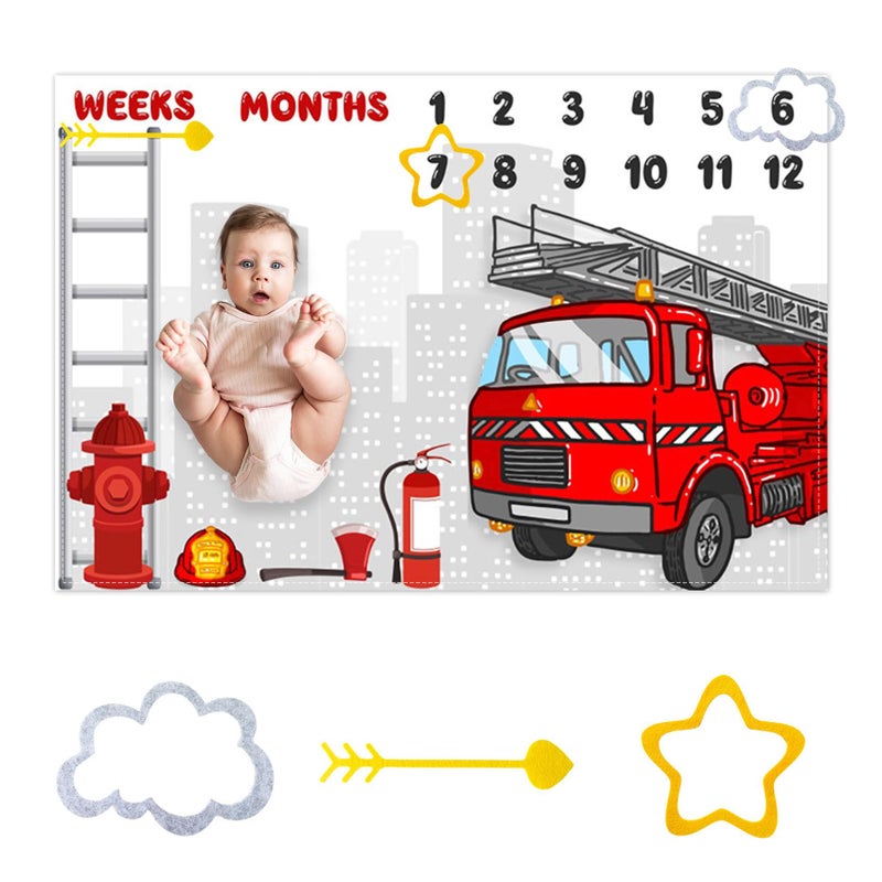 CSFOTO Red Fire Truck Firefighter Baby Monthly Milestone Blanket Newborn Growth Record Prop Blanket Theme Photography Background for Baby Boy 60 x40 with Frames