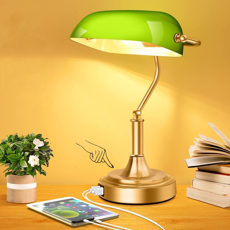 Bankers Lamp with 2 USB Ports Touch Control Green Glass Desk Lamp with Brass Base 3Way Dimmable Vintage Desk Lamp for Home Office Workplace Nightstand Bedroom Library Piano LED Bulb Included