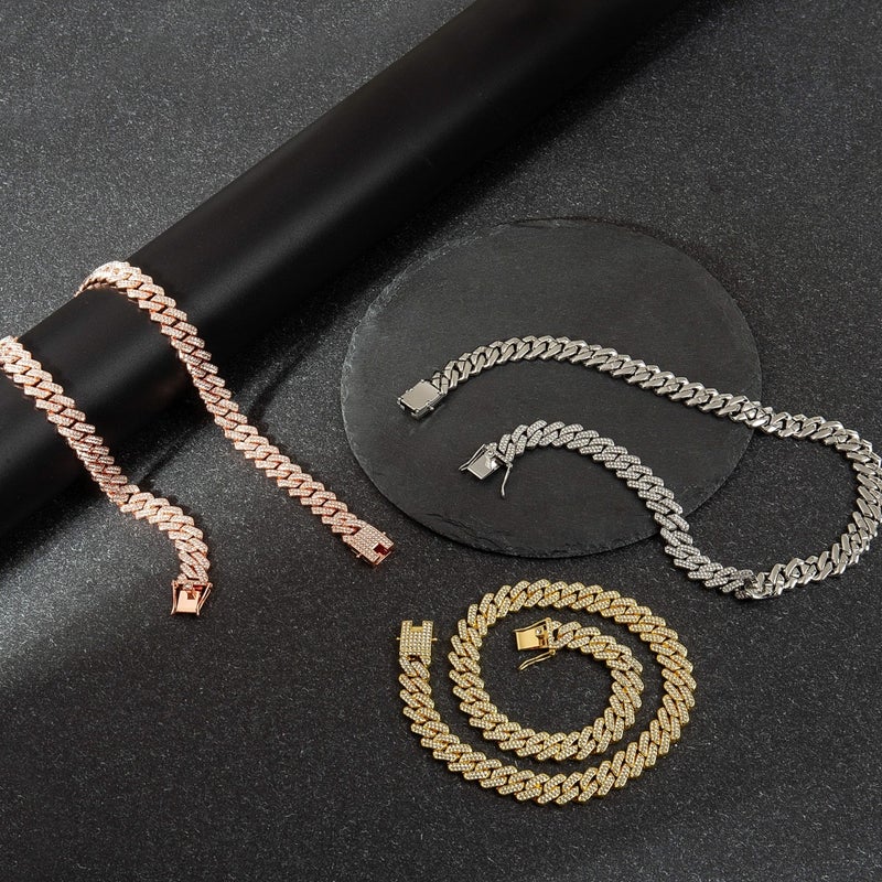 New alloy Cuban chain 14mm diamond-shaped original design diamond necklace for men and women cross-border hip-hop style 18cm rose gold 41g - Image 4