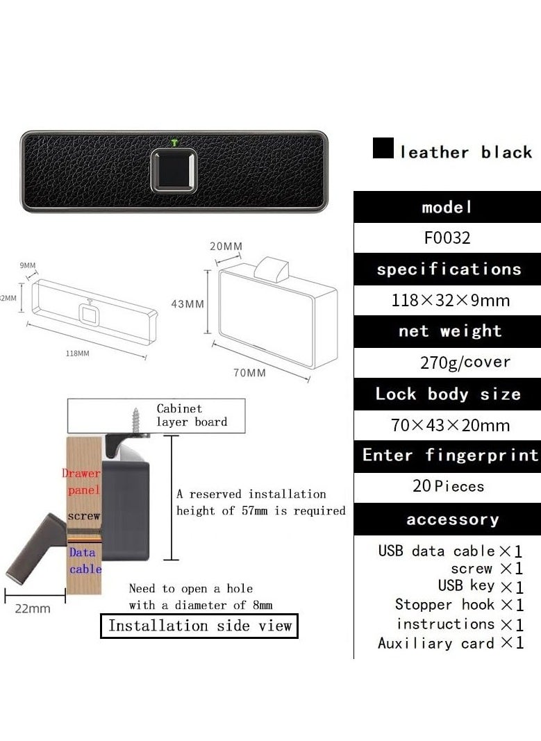 Fingerprint Drawer Lock Leather Element Smart Biometric Rechargeable Cabinet Lock Keyless Hidden File Drawer Wardrobe Lock for Valuable Private Storage Home or Office Storage etcBlack