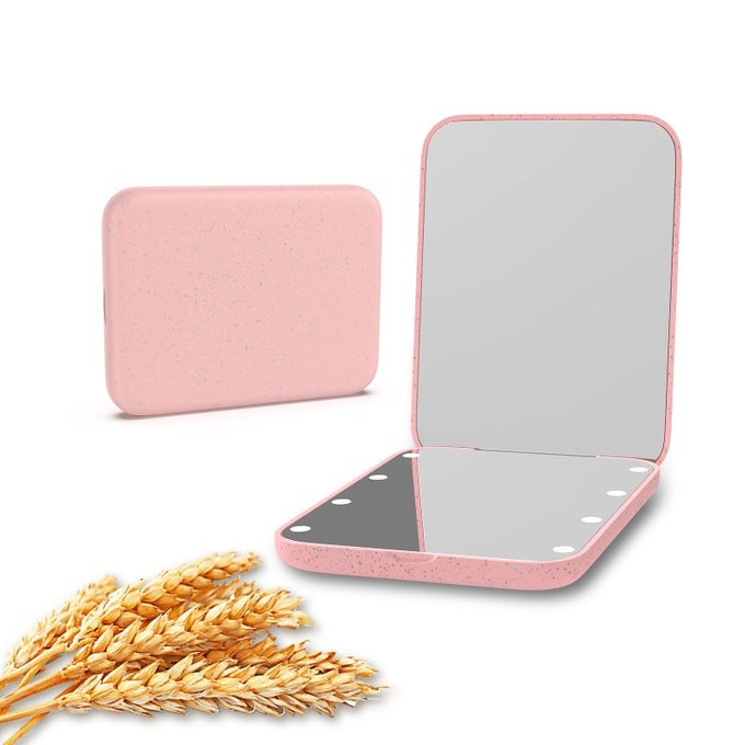 WHEAT STRAW POCKET MIRROR 1X3X MAGNIFICATION TRAVEL MIRROR FOR PURSE LIGHTED PLASTIC FIBER MIRROR FOLDING HANDHELD MIRROR SMALL LIGHTED COMPACT MIRROR FOR GIFT PINK