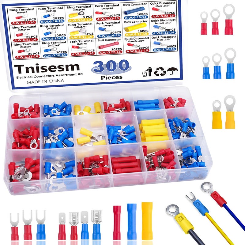 Tnisesm 300PCS Insulated Wire Crimp Connectors Assortment Kit with Ring, Spade, Butt, Quick Disconnect, Crimp Automotive Cable Terminals TN-T01
