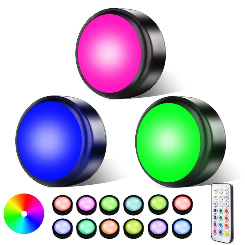 swesara Puck Lights with Remote WarmWhite Light and 13 Colors Changing use 3 AA Batteries Easy to Install Touch and Push Activation 55 Lumens 1 Watts Dimmable with Timer 3Pack
