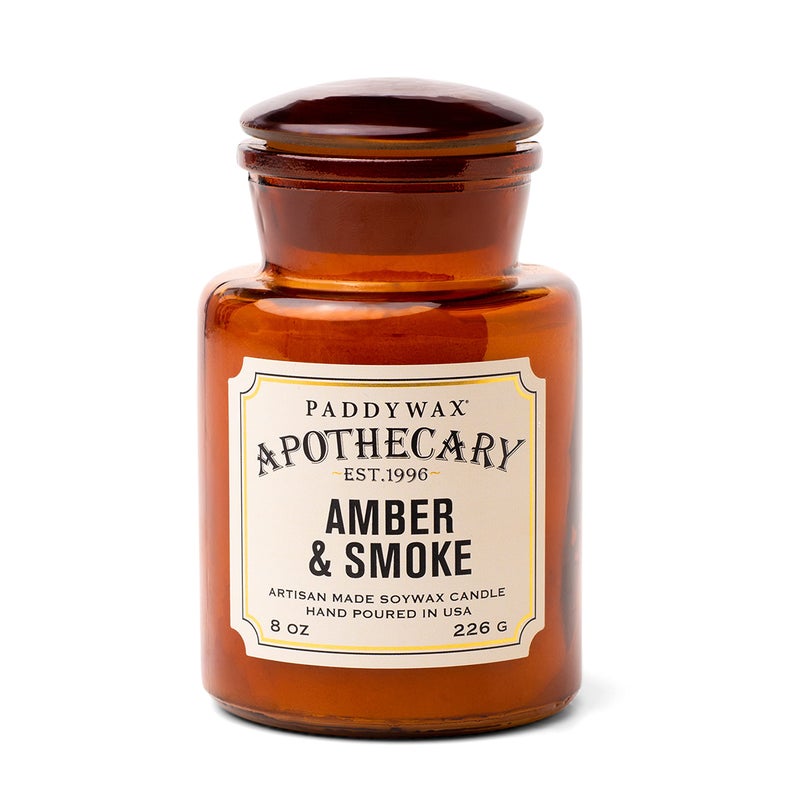 Paddywax Artisan Apothecary Scented Candle with Lid in Reusable Glass Jar CleanBurn Soy Candle with Approx 54 Hour Burn Time Amber  Smoke 8 oz