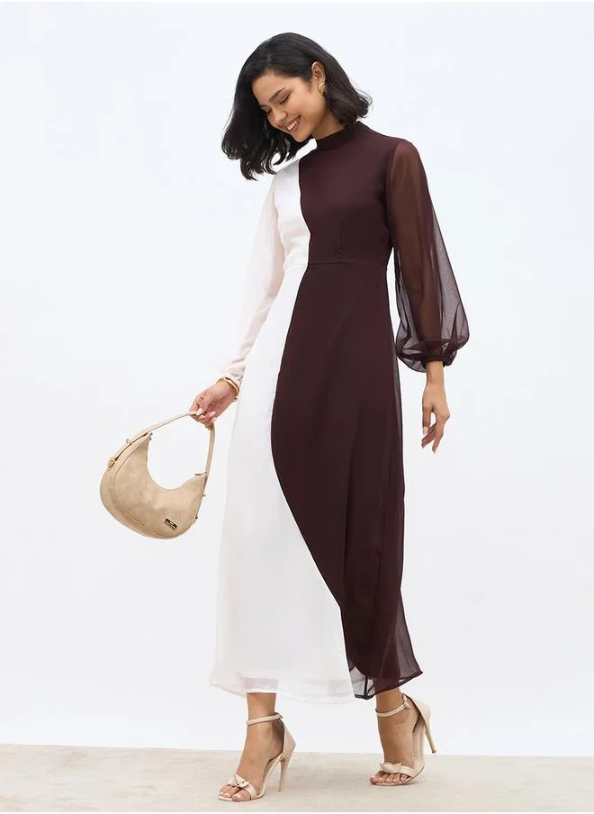 Styli Styli Color Block High Neck A-Line Maxi Dress