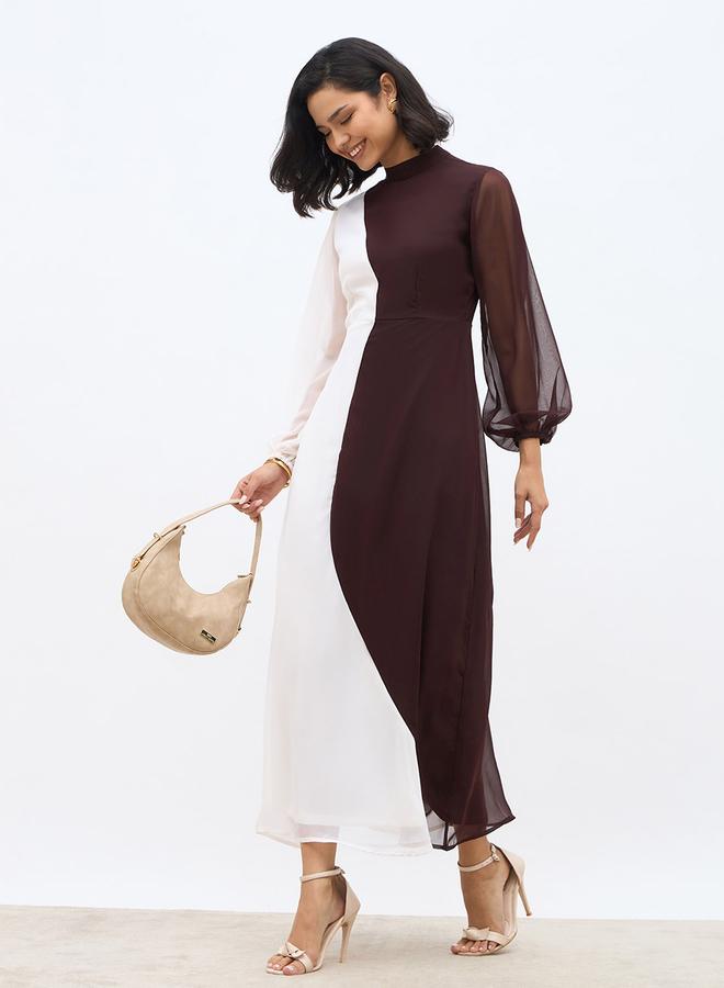 Styli Color Block High Neck A-Line Maxi Dress - Image 1