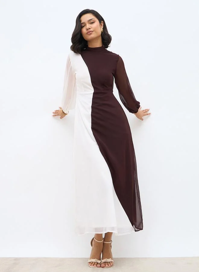 Styli Styli Color Block High Neck A-Line Maxi Dress