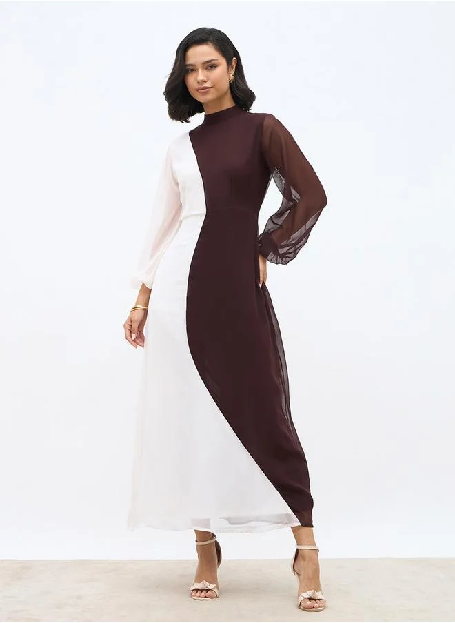 Styli Styli Color Block High Neck A-Line Maxi Dress