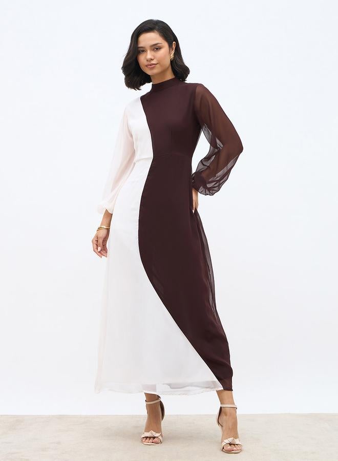 Styli Color Block High Neck A-Line Maxi Dress - Image 2