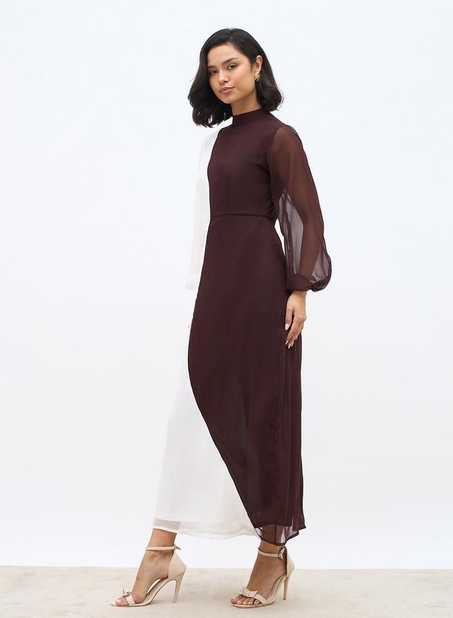 Styli Color Block High Neck A-Line Maxi Dress - Image 3