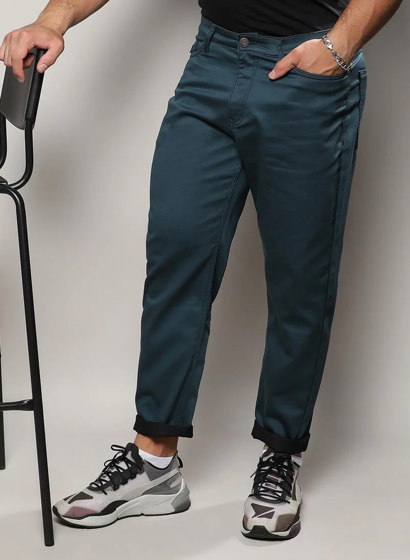 Instafab Plus Men's Prussian Blue Rolled Hem Denim Jeans For Casual Wear | Dark-Wash | 5 Pockets | Button Closure | Denim Jeans Crafted With Comfort Fit For Everyday Wear