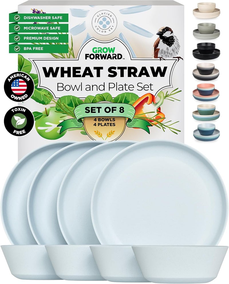 Grow Forward Premium Wheat Straw Dinnerware Sets - 8 Piece Unbreakable Microwave Safe Dishes - Reusable Wheat Straw Plates and Bowls Sets - Wheat Straw Bowls for Cereal, Soup, Camping, RV - Glacier - Image 1