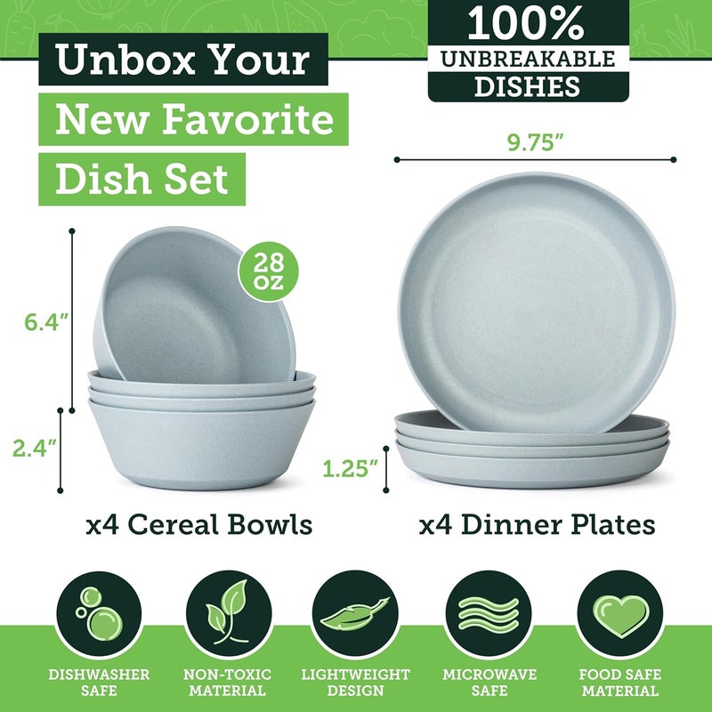 Grow Forward Premium Wheat Straw Dinnerware Sets - 8 Piece Unbreakable Microwave Safe Dishes - Reusable Wheat Straw Plates and Bowls Sets - Wheat Straw Bowls for Cereal, Soup, Camping, RV - Glacier - Image 3