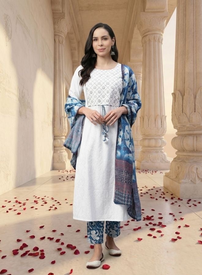 Yuris Women White Yoke Design Mirror Work Pure Cotton Kurta with Trousers  Dupatta - Image 1