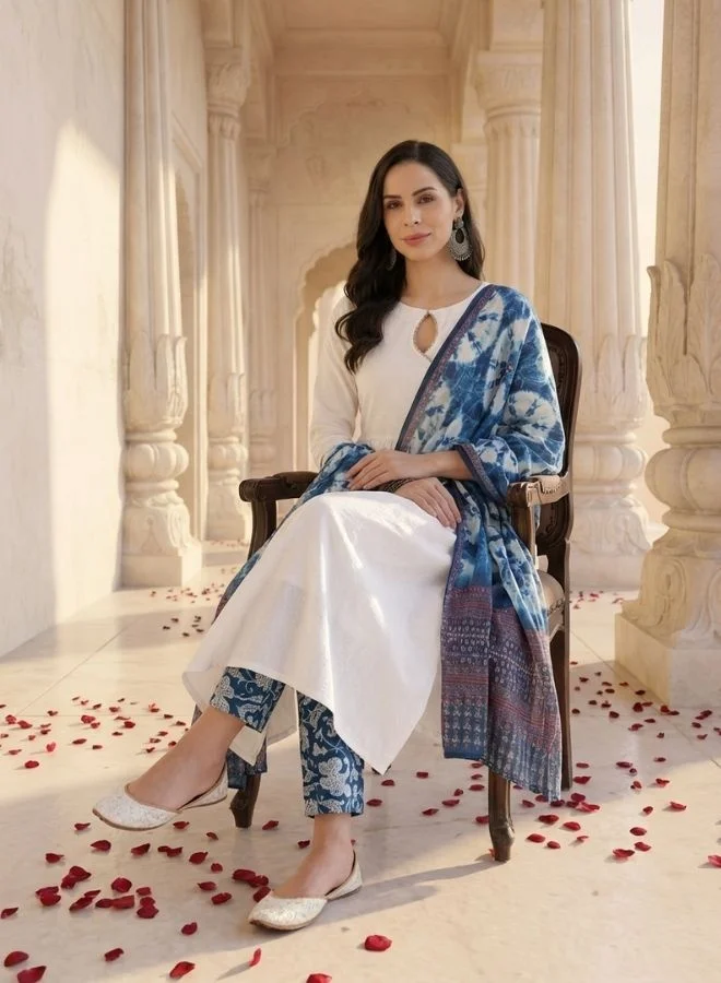Yuris  Yuris Women White Yoke Design Mirror Work Pure Cotton Kurta with Trousers  Dupatta for Women | Best Price UAE