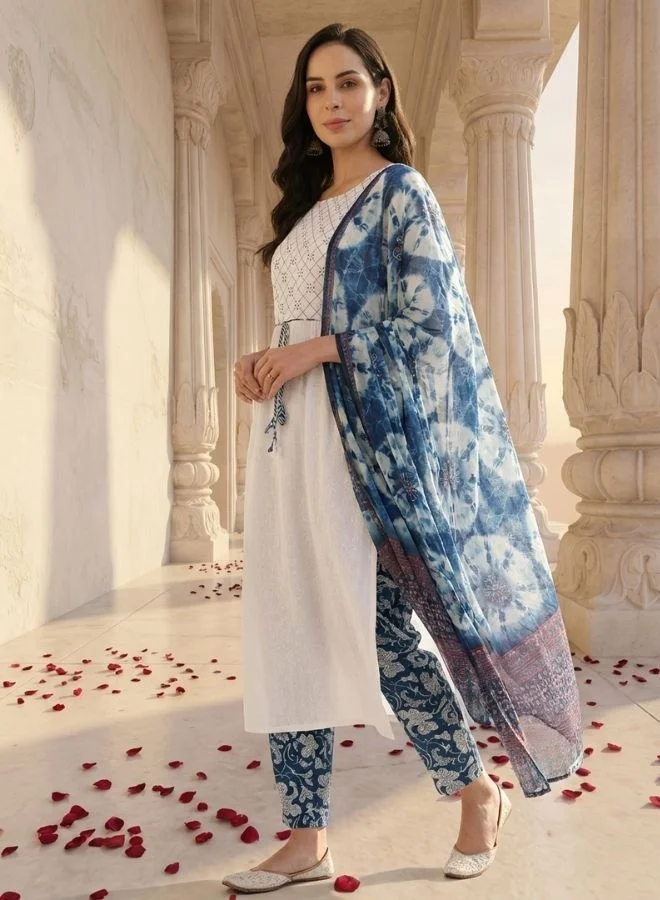 Yuris  Yuris Women White Yoke Design Mirror Work Pure Cotton Kurta with Trousers  Dupatta for Women | Best Price UAE