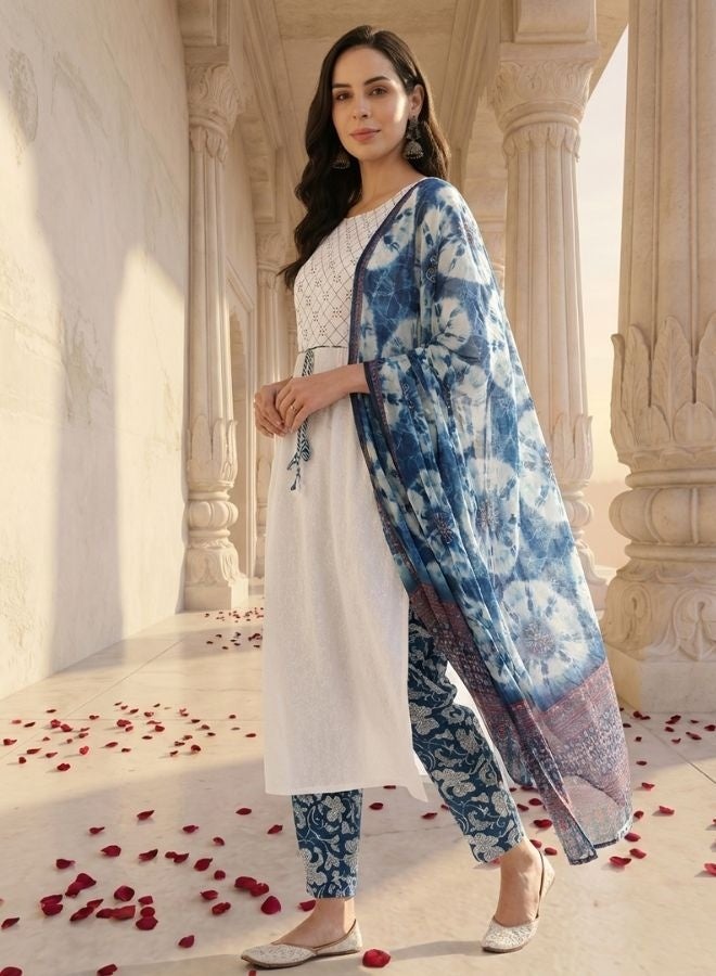 Yuris Women White Yoke Design Mirror Work Pure Cotton Kurta with Trousers  Dupatta - Image 4