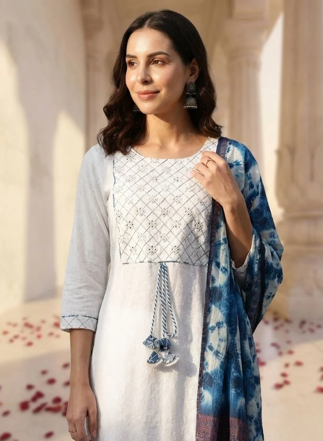 Yuris Yuris Women White Yoke Design Mirror Work Pure Cotton Kurta with Trousers  Dupatta