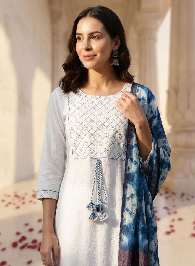 Yuris Women White Yoke Design Mirror Work Pure Cotton Kurta with Trousers  Dupatta - Image 2