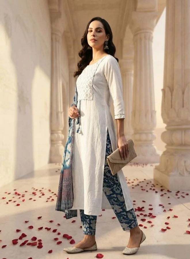 Yuris  Yuris Women White Yoke Design Mirror Work Pure Cotton Kurta with Trousers  Dupatta for Women | Best Price UAE