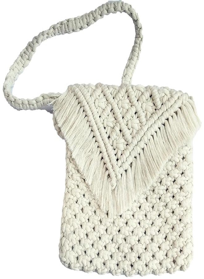 تي إم إس حقيبة كتف مصنوعة يدويًا من المكرمية من تي إم إس | حقيبة كتف بيضاء فاتحة اللون بحزام طويل | حقيبة كتف قطنية معقودة بنمط بوهيمي للنساء والفتيات | حقيبة مقاس 9 بوصات × 9 بوصات مع ارتفاع مقبض 20 بوصة - قطعة واحدة - Image 1