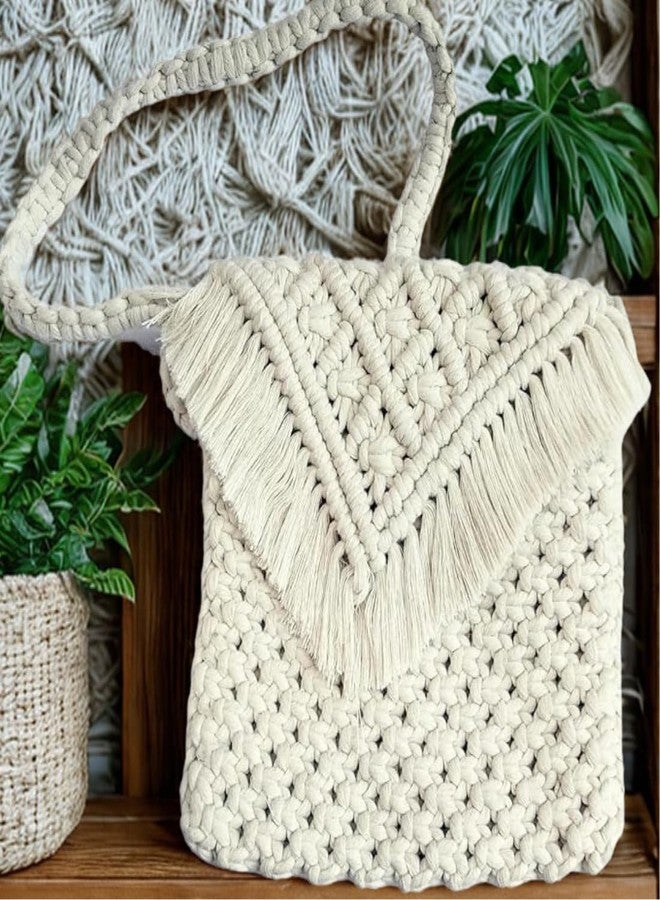 تي إم إس حقيبة كتف مصنوعة يدويًا من المكرمية من تي إم إس | حقيبة كتف بيضاء فاتحة اللون بحزام طويل | حقيبة كتف قطنية معقودة بنمط بوهيمي للنساء والفتيات | حقيبة مقاس 9 بوصات × 9 بوصات مع ارتفاع مقبض 20 بوصة - قطعة واحدة - Image 2