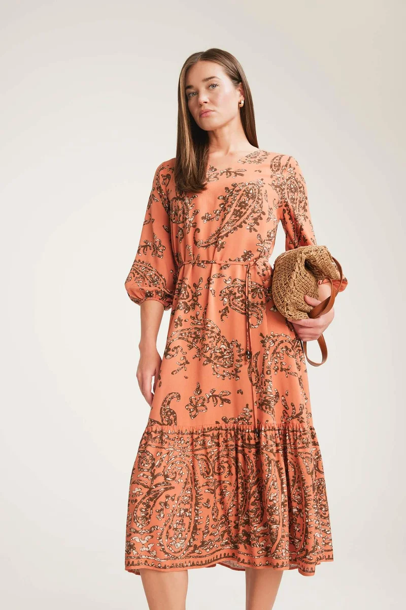 ديفاكتو Regular Fit V Neck Floral Patterned Half Sleeve Midi Dress