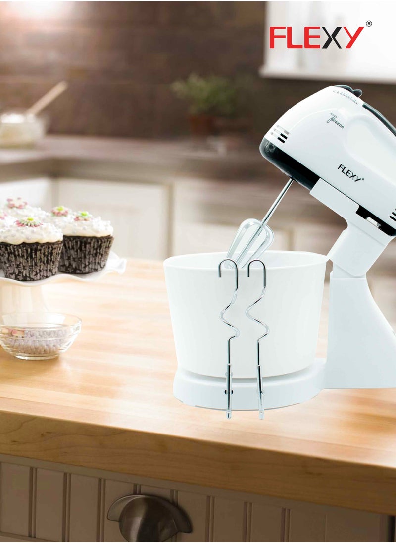 Turbo 250W 7 Speed Hand Mixer With 2L Bowl 2 Beaters 2 Dough Hooks Durable And Safe Handle