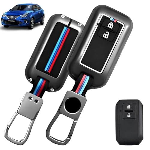 Carzex® Smart Car Key Cover Compatible with Maruti Suzuki Baleno, Grand Vitara, Brezza, Jimny, Ertiga, Fronx, Swift Dzire – 2 Button Metallic Silicone TPU Protective Shell Case (Black) - Image 1