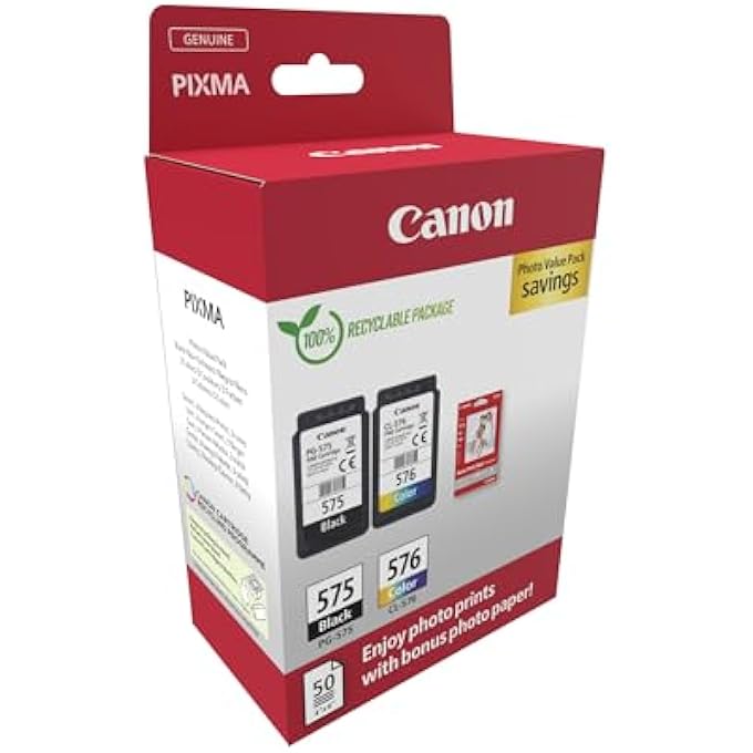 PG-575 / CL-576 GENUINE INK CARTRIDGES, PACK OF 2 (1 X BLACK, 1 X COLOUR); INCLUDES 50 SHEETS OF 4X6 PHOTO PAPER - CARDBOARD MULTIPACK - Image 2