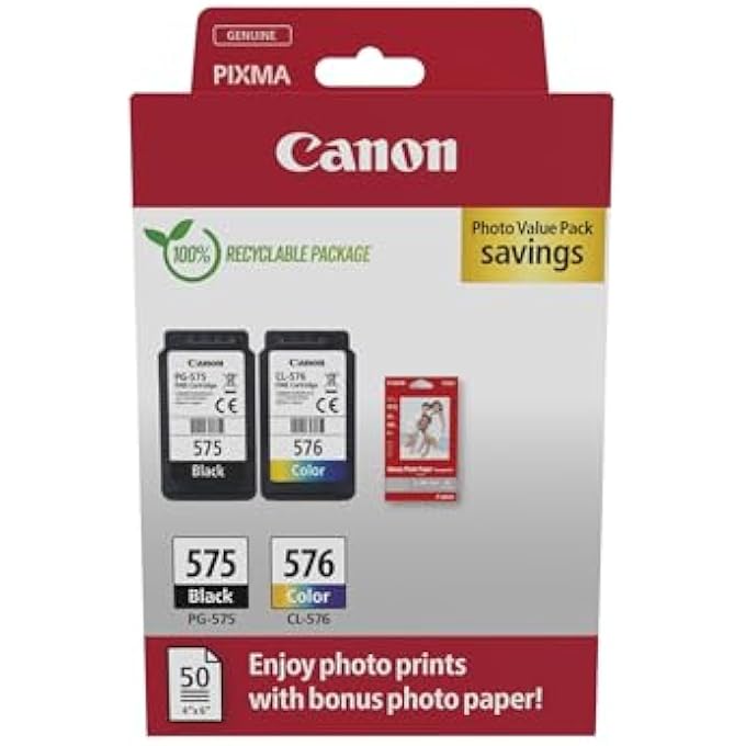 PG-575 / CL-576 GENUINE INK CARTRIDGES, PACK OF 2 (1 X BLACK, 1 X COLOUR); INCLUDES 50 SHEETS OF 4X6 PHOTO PAPER - CARDBOARD MULTIPACK - Image 1
