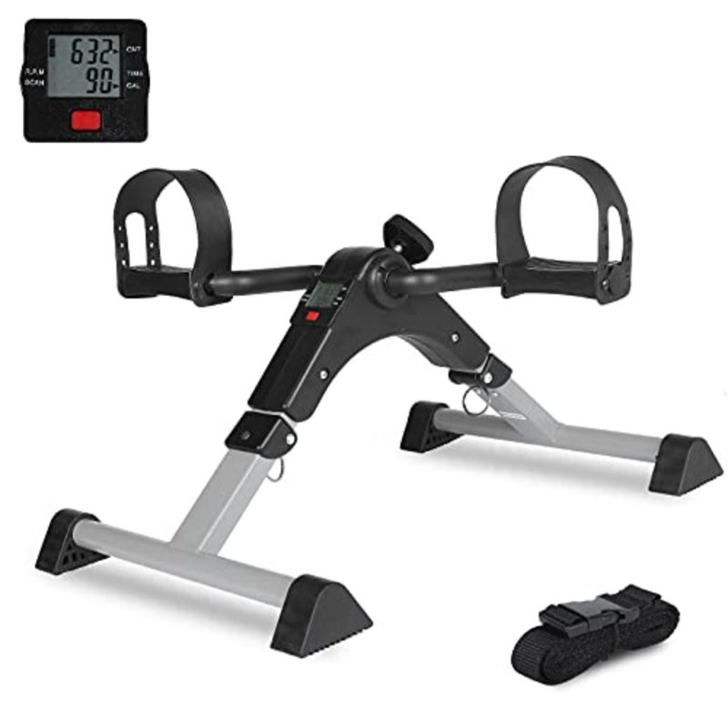 Under desk pedal exerciser for seniors: grey folding mini stationary bike with LCD display, durable ABS plastic construction, compact portable design for arm and leg workouts - Image 1
