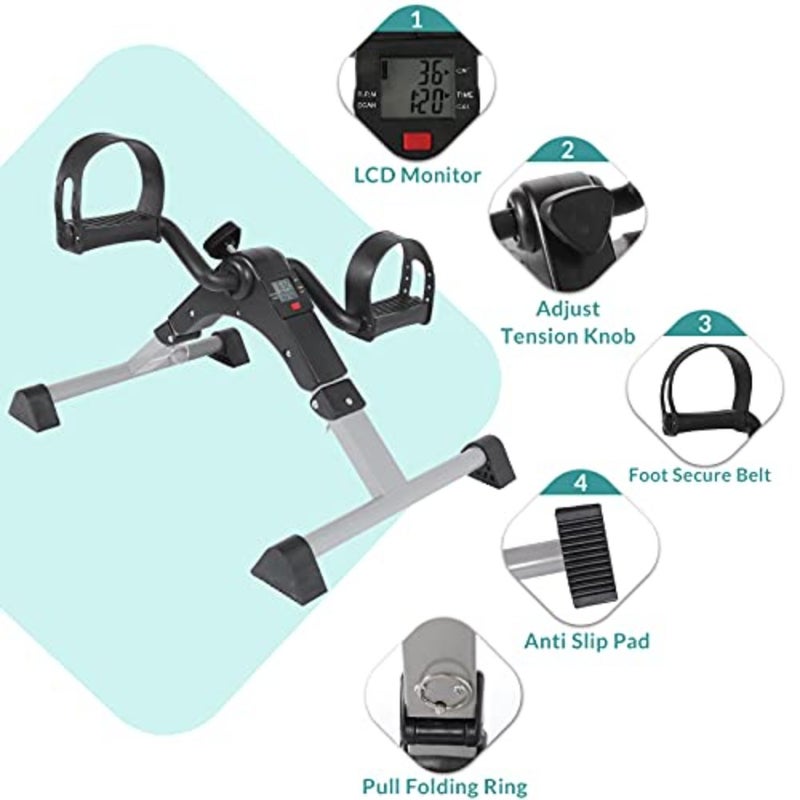 Under desk pedal exerciser for seniors: grey folding mini stationary bike with LCD display, durable ABS plastic construction, compact portable design for arm and leg workouts - Image 2