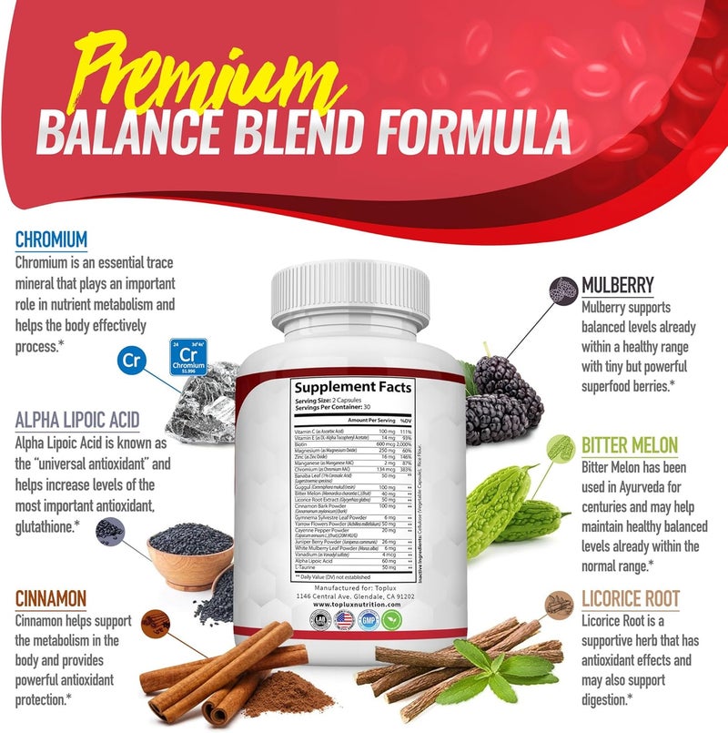 Toplux مكمل بليند كومبلكس توازن طبيعي متميز 20 عشبة وفيتامينات مع القرفة غير معدلة وراثيًا نباتي للرجال والنساء 60 كبسولة - Image 4