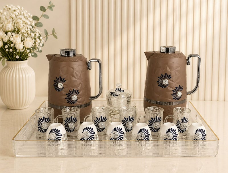 Radin 22 Pieces Arabic Tea & Coffee Set with 2 Thermos Flasks, 6 Tea Cups, 6 Saucers, 6 Arabic Qahwa Cups, Serving Tray & Sugar Bowl with Lid | Luxury Arabic Hospitality Serving Set - Image 1