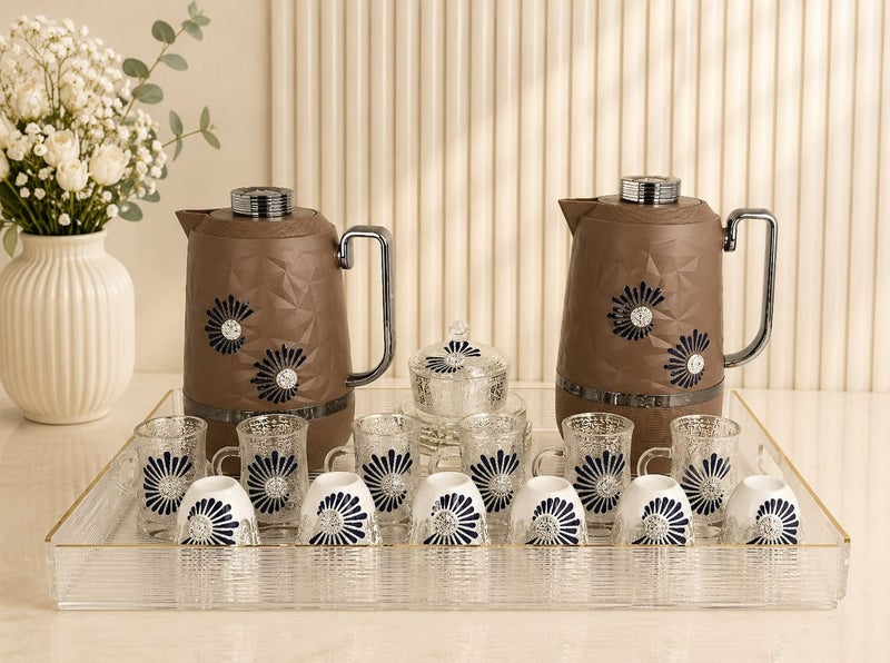 Radin 22 Pieces Arabic Tea & Coffee Set with 2 Thermos Flasks, 6 Tea Cups, 6 Saucers, 6 Arabic Qahwa Cups, Serving Tray & Sugar Bowl with Lid | Luxury Arabic Hospitality Serving Set - Image 2
