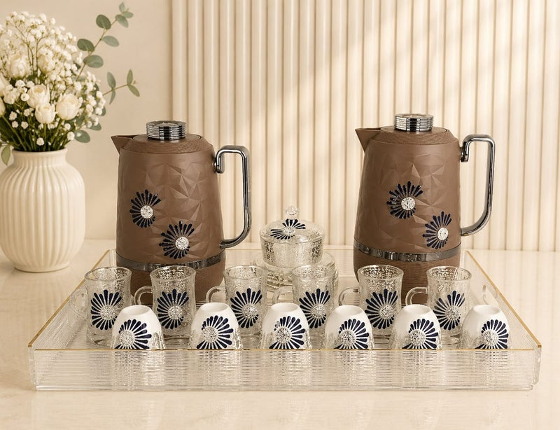 Radin 22 Pieces Arabic Tea & Coffee Set with 2 Thermos Flasks, 6 Tea Cups, 6 Saucers, 6 Arabic Qahwa Cups, Serving Tray & Sugar Bowl with Lid | Luxury Arabic Hospitality Serving Set - Image 3