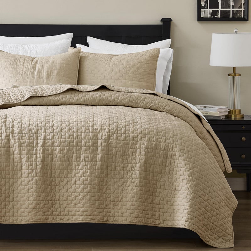 palassio Dark Beige 100% Cotton Quilt Queen Size Bedding Sets with 2 Pillow Shams, Textured Lightweight Soft Bedspread Shabby Chic Coverlet, Quilted Comforter Bed Cover for All Season, 3 Pieces - Image 1