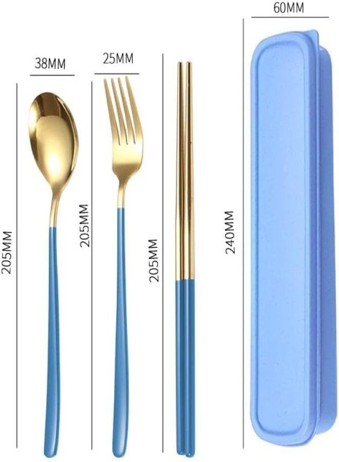 KAPO Portable Cutlery Set with Case | Stainless Steel Spoon, Fork & Chopsticks | Travel-Friendly & Reusable for School Office Camping (Blue and Gold) - Image 2