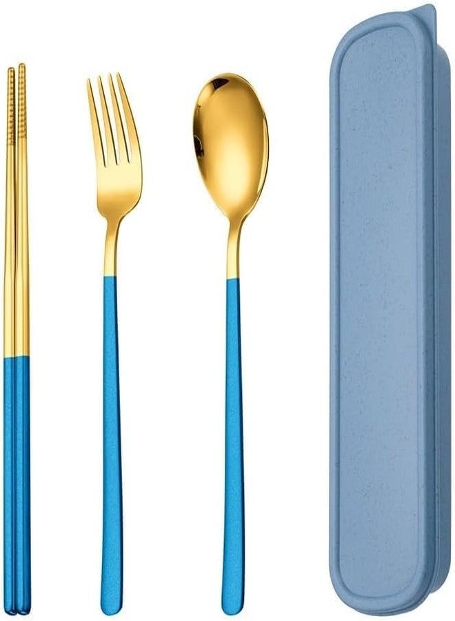 KAPO Portable Cutlery Set with Case | Stainless Steel Spoon, Fork & Chopsticks | Travel-Friendly & Reusable for School Office Camping (Blue and Gold) - Image 1