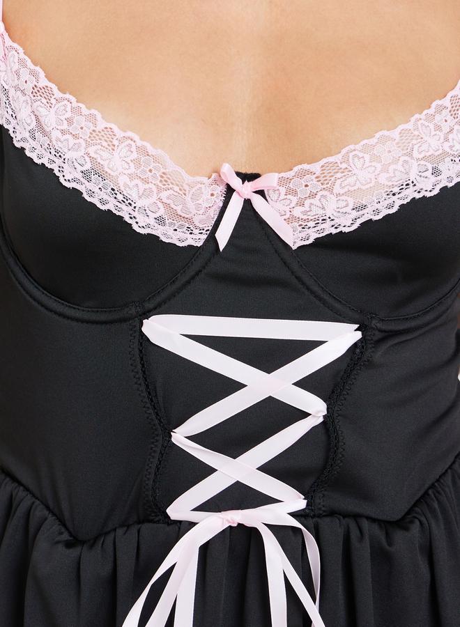 Styli Contrast Lace Trim Tie Detail Babydoll with Briefs and Garter - Image 3