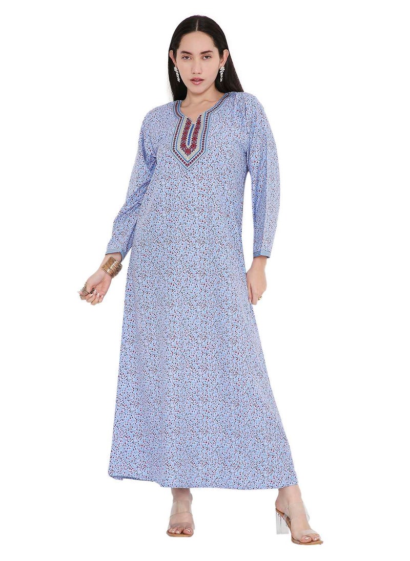 HANA & SARA TINY FLOWER PRINT WITH UNIQUE THREAD EMBROIDERY ON NECK CASUAL ARABIC FARASHA KAFTAN JALABIYA DRESS  - Image 1