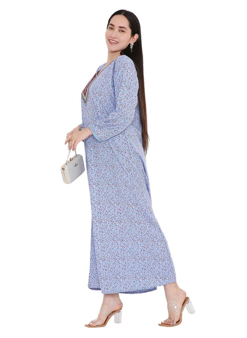 HANA & SARA TINY FLOWER PRINT WITH UNIQUE THREAD EMBROIDERY ON NECK CASUAL ARABIC FARASHA KAFTAN JALABIYA DRESS  - Image 4