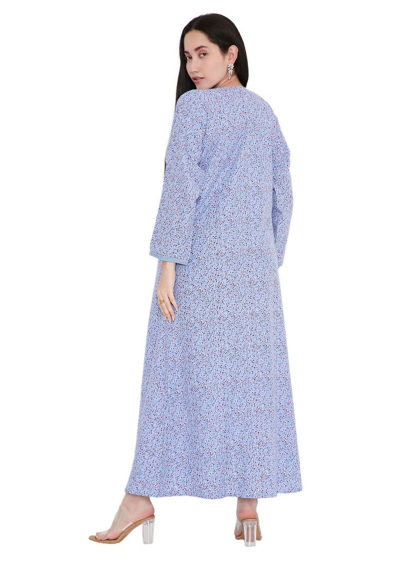 HANA & SARA TINY FLOWER PRINT WITH UNIQUE THREAD EMBROIDERY ON NECK CASUAL ARABIC FARASHA KAFTAN JALABIYA DRESS  - Image 2
