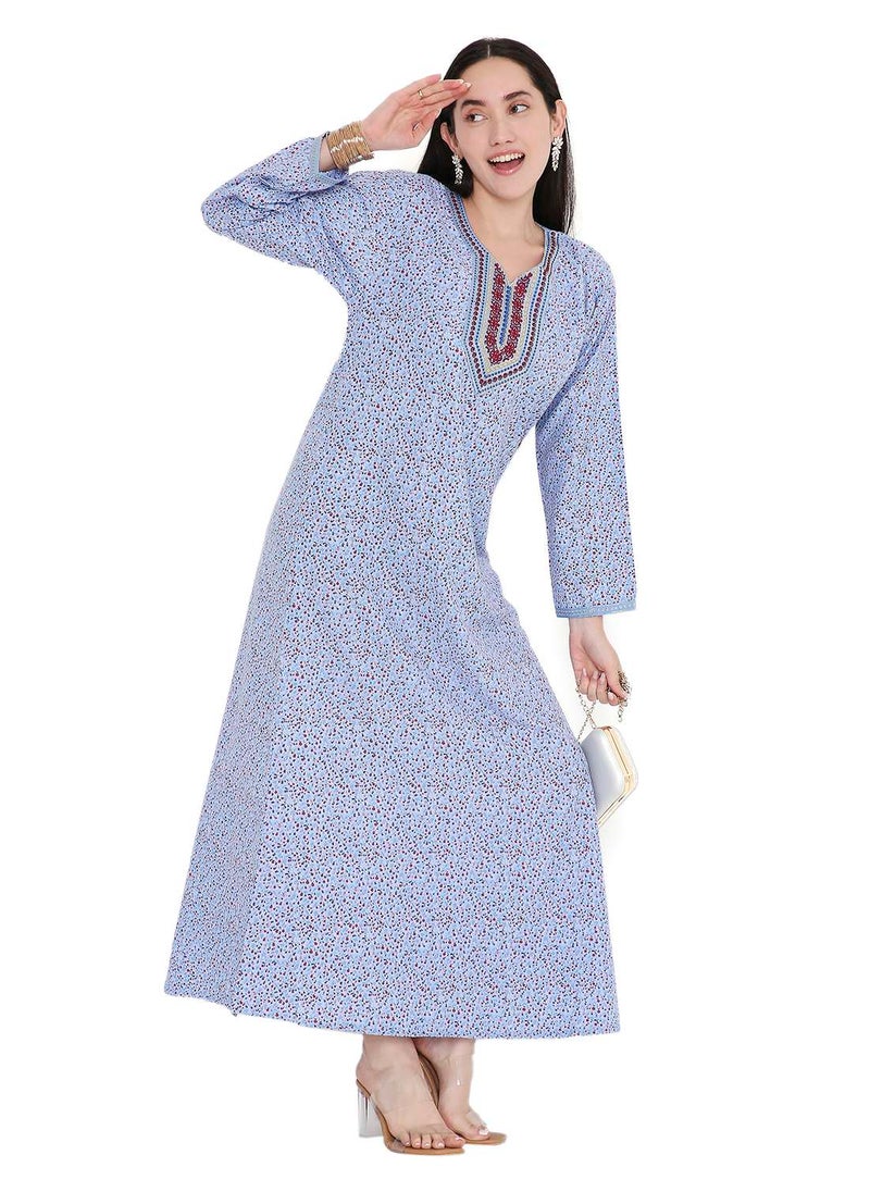 HANA & SARA TINY FLOWER PRINT WITH UNIQUE THREAD EMBROIDERY ON NECK CASUAL ARABIC FARASHA KAFTAN JALABIYA DRESS  - Image 5