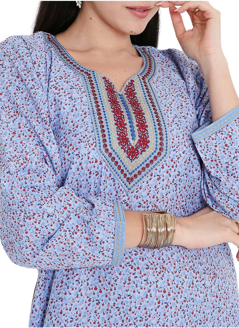 HANA & SARA TINY FLOWER PRINT WITH UNIQUE THREAD EMBROIDERY ON NECK CASUAL ARABIC FARASHA KAFTAN JALABIYA DRESS  - Image 3